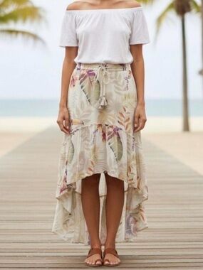 Z&L Tropical Island Cream Floral High-Low Skirt with Drawstring Waist